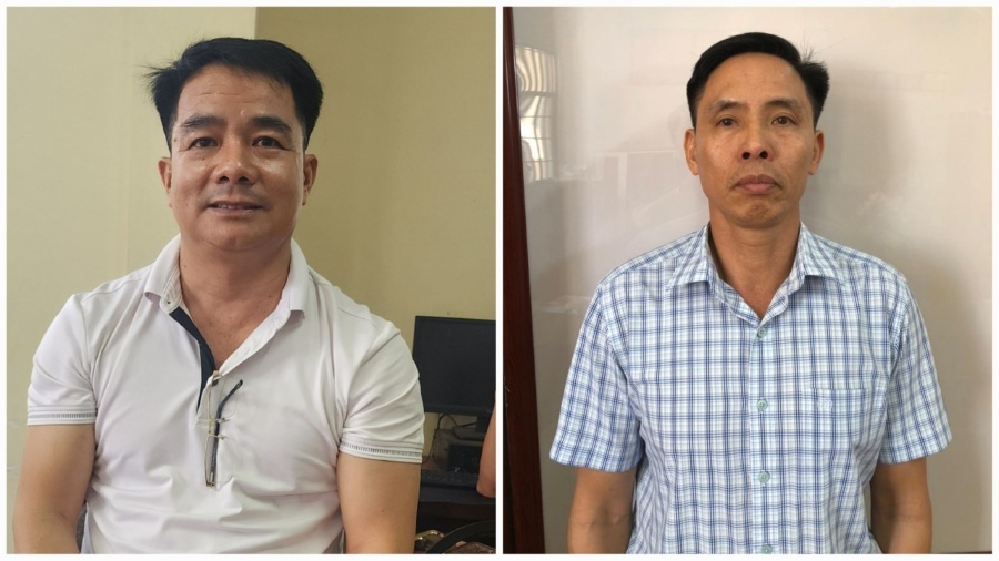 Hai đối tượng bị bắt tạm giam để điều tra về tội lừa đảo, chiếm đoạt tài sản có liên quan trong khu đất 79 biệt thự trái phép ở Phú Quốc. Ảnh: Văn Vũ