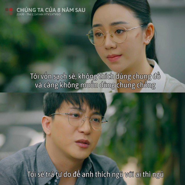 Cảnh phim Nguyệt (Quỳnh Kool) nói chuyện với chồng sau khi phát hiện anh ngoại tình. Ảnh: VTV