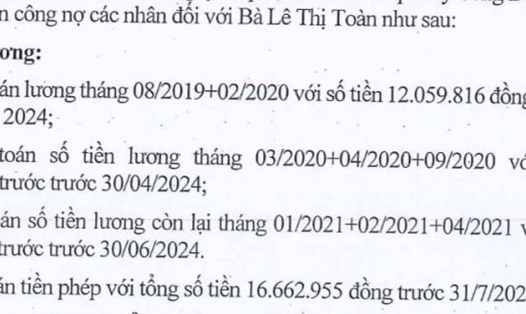 Lộ trình trả lương cho bà Lê Thị Toàn được Công ty Cổ phần Cơ khí Lắp máy Sông Đà lập. Ảnh: Nhân vật cung cấp
