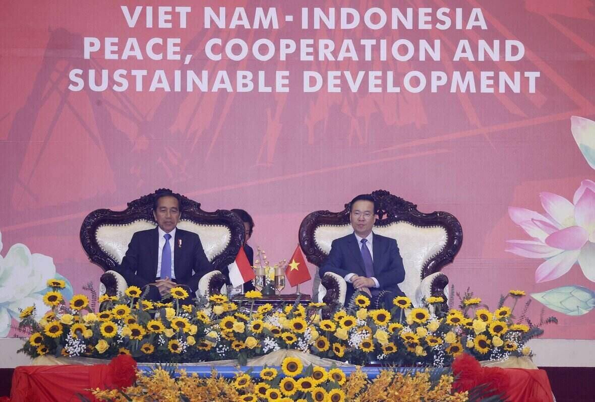  Chủ tịch nước Võ Văn Thưởng và Tổng thống Indonesia Joko Widodo dự chương trình biểu diễn võ thuật. Ảnh: TTXVN