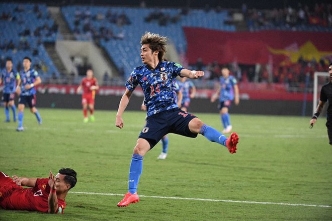 Junya Ito là cầu thủ ghi bàn duy nhất giúp tuyển Nhật Bản thắng tuyển Việt Nam 1-0, ở trận lượt đi vòng loại World Cup 2022 tại sân Mỹ Đình. Ảnh: JFA