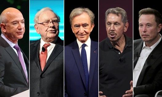 Các tỉ phú (lần lượt từ trái qua phải): Jeff Bezos, Warren Buffett, Bernard Arnault, Larry Ellison và Elon Musk giàu có hơn rất nhiều trong những năm gần đây. Ảnh chụp màn hình CNN