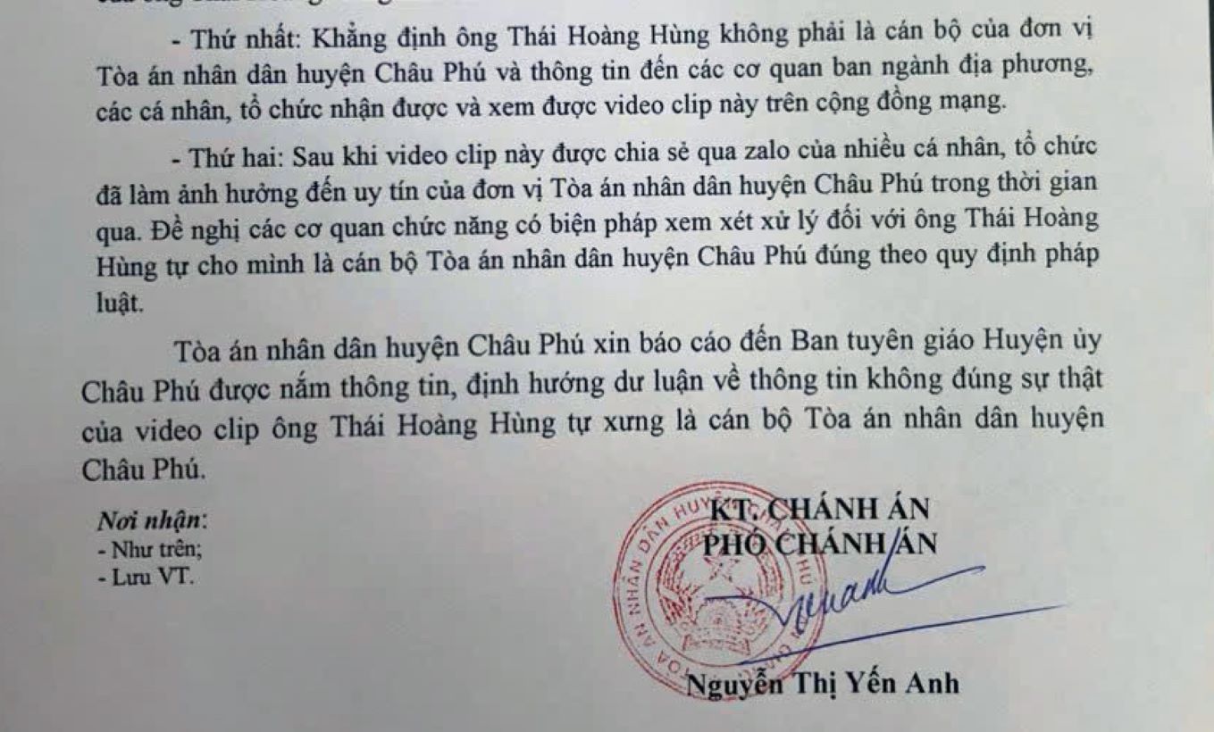 Văn bản Tòa án nhân dân huyện Châu Phú khẳng định chuyện “cán bộ tòa án” năn nỉ Cảnh sát Giao thông để không đo nồng độ cồn là thông tin không đúng sự thật. Ảnh: Lâm Điền