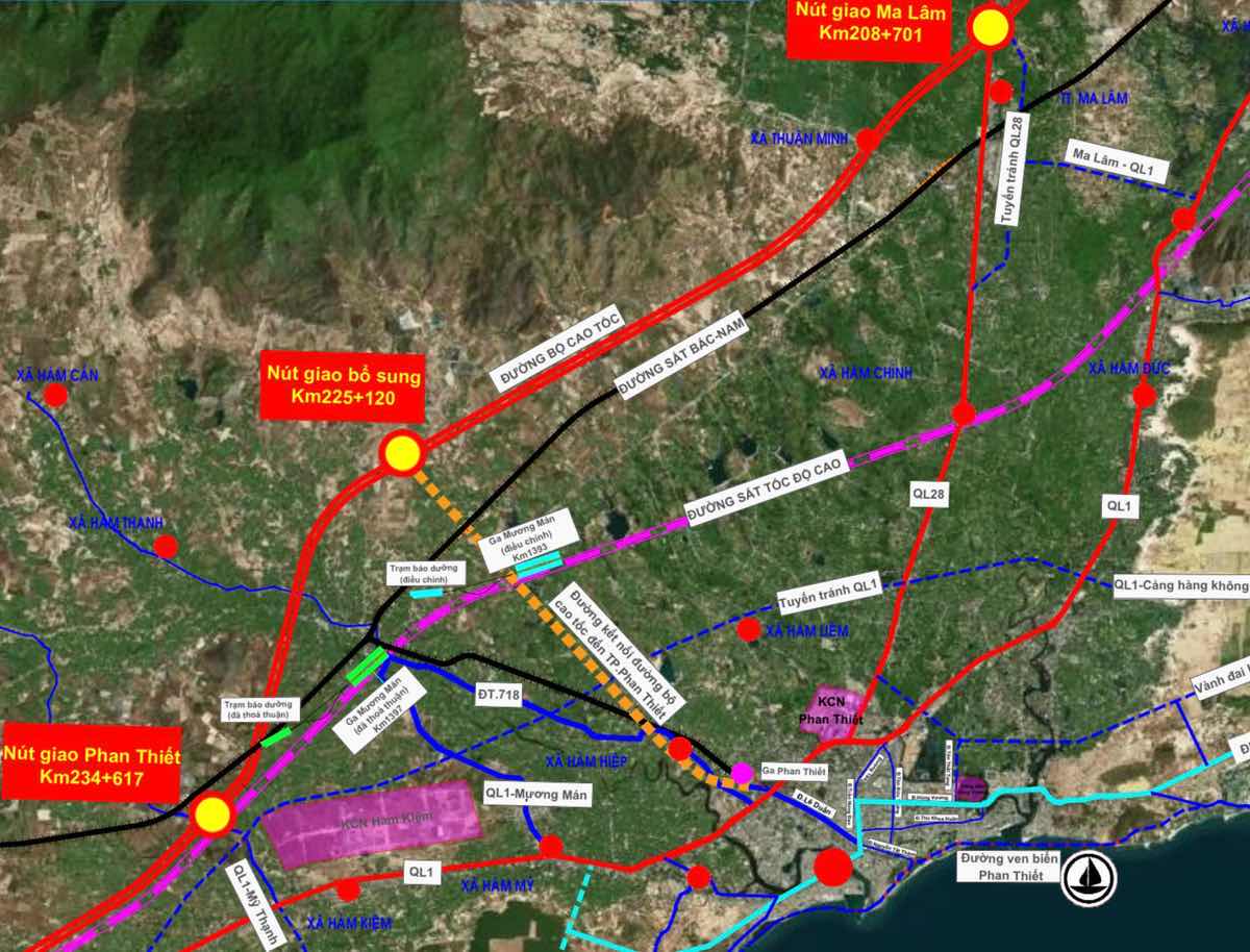 Toàn cảnh phương án tuyến kết nối từ cao tốc Vĩnh Hảo - Phan Thiết vào trung tâm Phan Thiết và đề nghị điều chỉnh vị trí ga Mương Mán đường sắt tốc độ cao. Ảnh: Cơ quan chúc năng