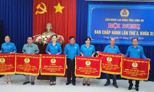 Chủ tịch LĐLĐ tỉnh Long An trao Cờ Thi đua của Tổng LĐLĐ Việt Nam cho các đơn vị xuất sắc năm 2023. Ảnh: Kỳ Quan