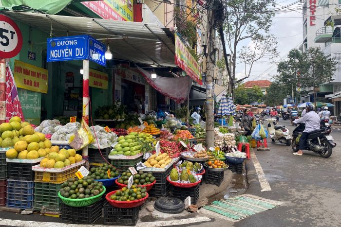 Các tuyến đường Ngô Đức Kế - Nguyễn Du, không còn lối đi cho người dân trên vỉa hè, thay vào đó là hàng loạt mặt hàng trái cây được bày bán.