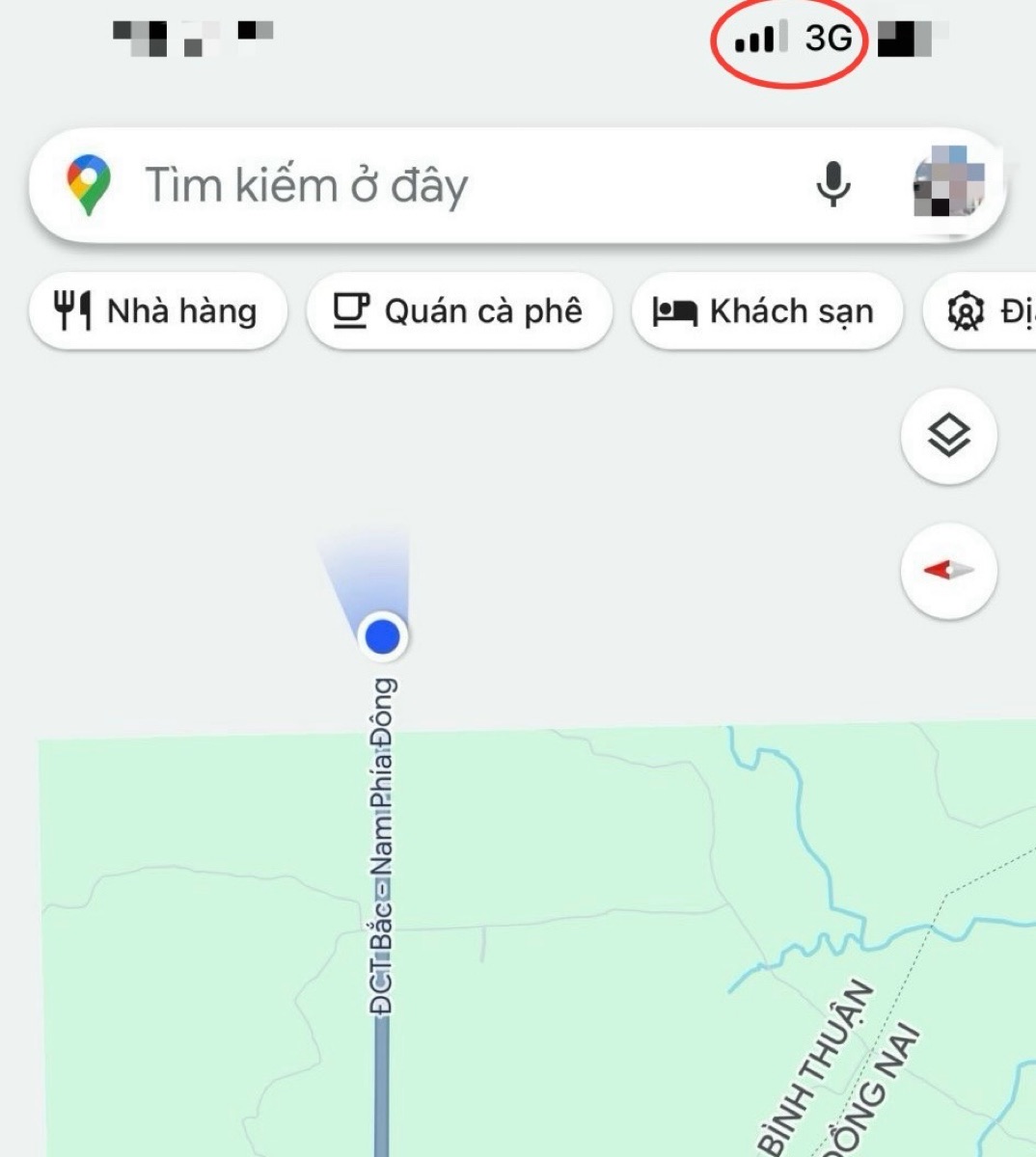 Một vị trí trên cao tốc Phan Thiết - Dầu Giây bị mất sóng di động 4G, chỉ còn sóng 3G nhưng không tải được bản đồ trên điện thoại. Ảnh: Duy Tuấn