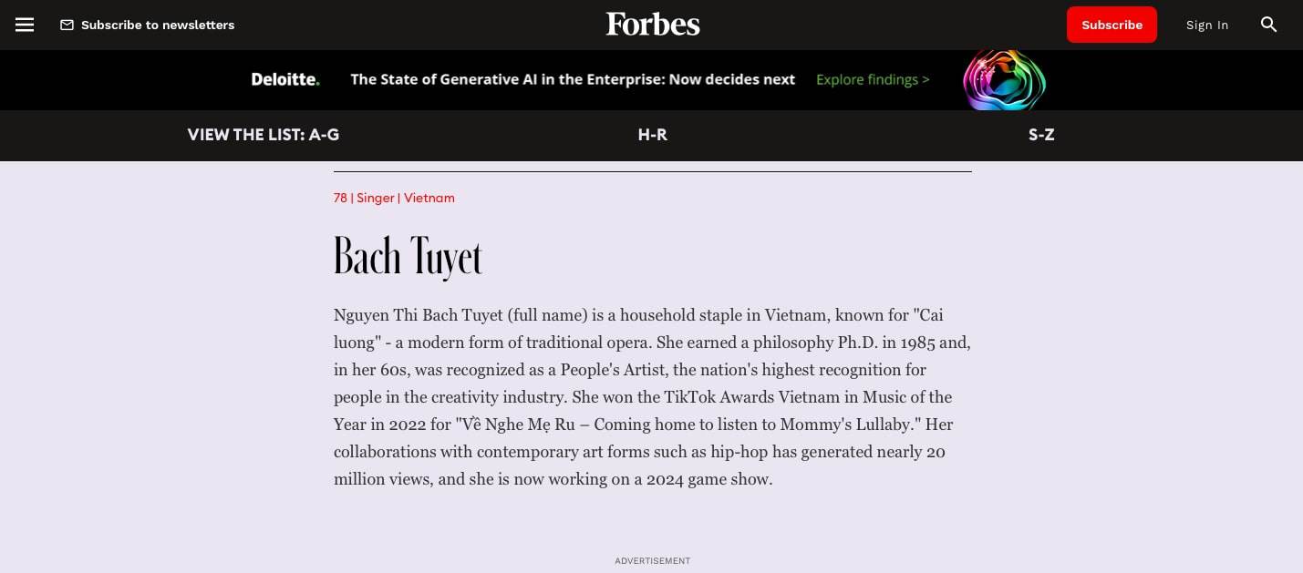 Nghệ sĩ Bạch Tuyết vào Top 50 phụ nữ châu Á có tầm ảnh hưởng của Forbes . Ảnh: CMH.