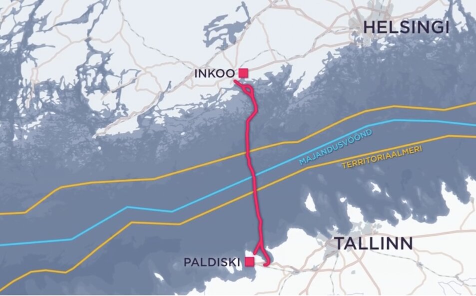 Đường ống dẫn khí Balticconnector (màu hồng) nối Estonia và Phần Lan. Ảnh chụp màn hình ERR