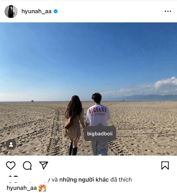 HyunA đăng tải ảnh chụp cùng Jun Hyung và gắn thẻ nam thần tượng. Ảnh: Instagram