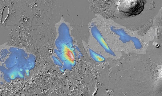 Bản đồ ước tính lượng băng nước tại các gò trên Hệ tầng Medusae Fossae (MFF) trên sao Hỏa. Ảnh: Viện Khoa học Hành tinh/Viện Smithsonian