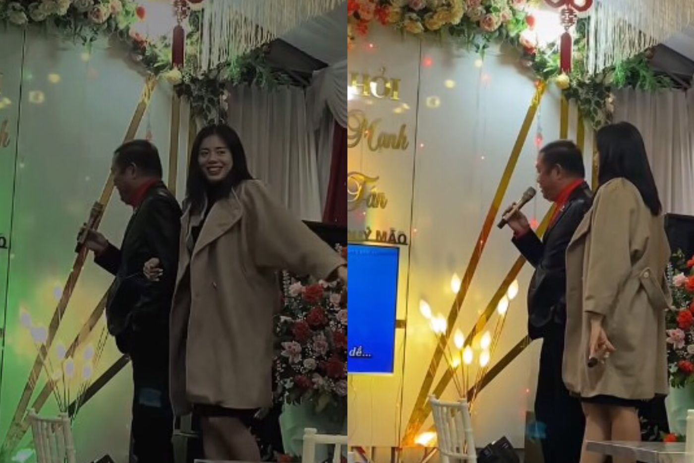 Nguyễn Thị Huyền và huấn luyện viên Vũ Ngọc Lợi dự đám cưới của người quen. Ảnh cắt từ video