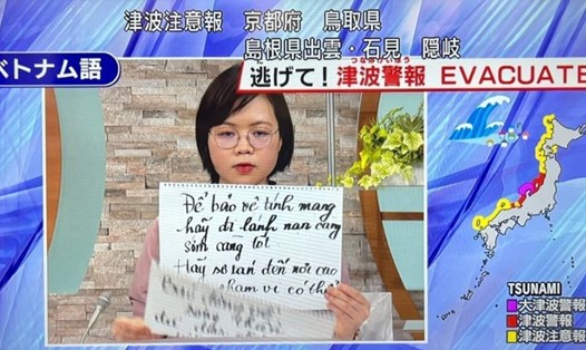 Truyền hình Nhật Bản đưa ra cảnh báo bằng tiếng Việt về động đất. Ảnh: Facebook Người Việt Nam ở Nhật Bản