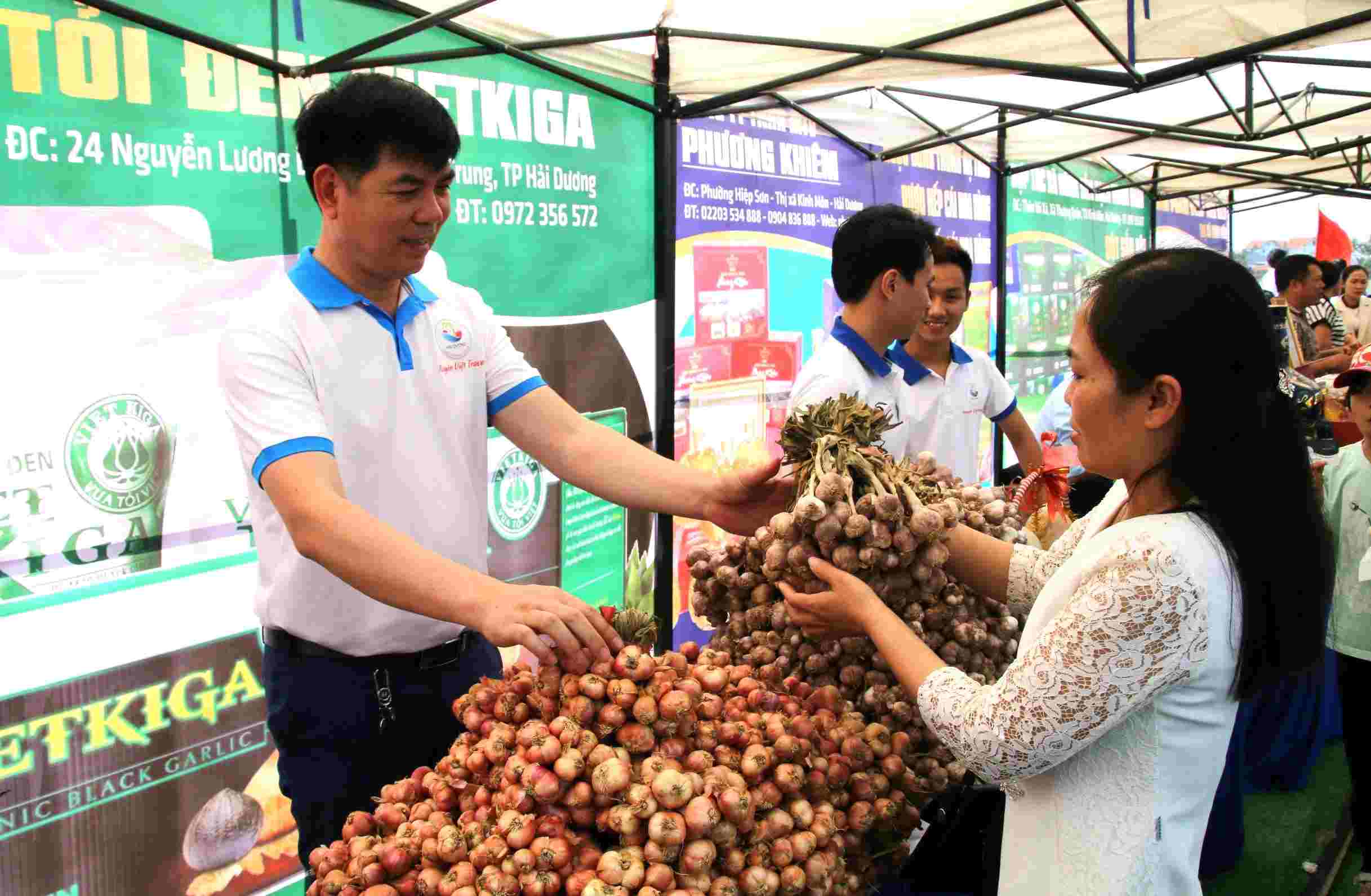 Các gian hàng trưng bày 13 sản phẩm đạt Thương hiệu vàng nông nghiệp Việt Nam và 31 sản phẩm OCOP của thị xã Kinh Môn. Ảnh: Băng Tâm