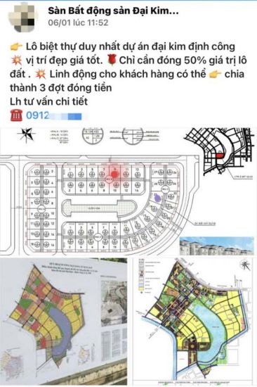 Một bài đăng rao bán quảng cáo về dự án Đầu tư xây dựng Khu đô thị mới mở rộng phía Bắc và Tây Bắc Đại Kim - Định Công. Ảnh chụp màn hình