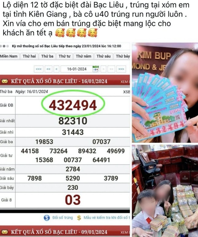 Hình ảnh người trúng 11 tờ vé số được lan truyền trên mạng xã hội khiến nhiều người vào "xin vía". Ảnh: Chụp màn hình