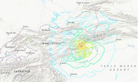 Động đất mạnh ở biên giới Trung Quốc - Kyrgyzstan sáng 23.1. Ảnh:  EARTHQUAKE.USGS.GOV