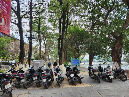 Xe máy lấn chiếm vỉa hè vườn hoa Hồ Đắc Di. Ảnh:Minh Hạnh chụp 10h ngày 23.1
