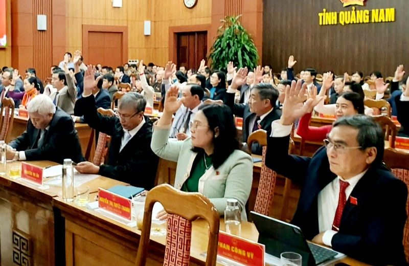 Đại biểu HĐND tỉnh Quảng nam thống nhất chủ trương giải quyết nợ lương NLĐ Trường CĐYT tỉnh trong tháng 1.2024. Ảnh: Hoàng Bin.
