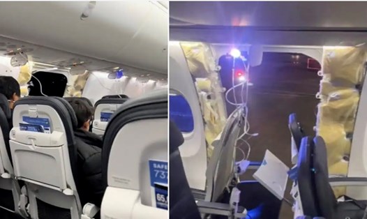 Máy bay Boeing 737 Max 9 của Alaska Airlines bị bung tấm bịt cửa. Ảnh chụp màn hình