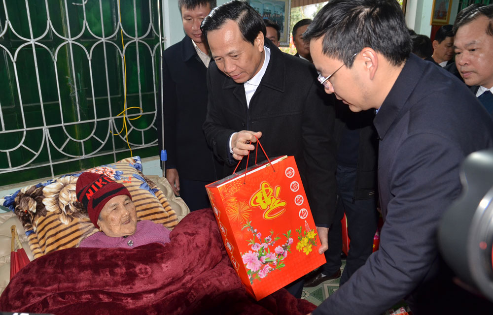 Bộ trưởng Bộ Lao động - Thương binh và Xã hội  Đào Ngọc Dung hỏi thăm sức khỏe Mẹ Việt Nam anh hùng Dương Thị Cúc.