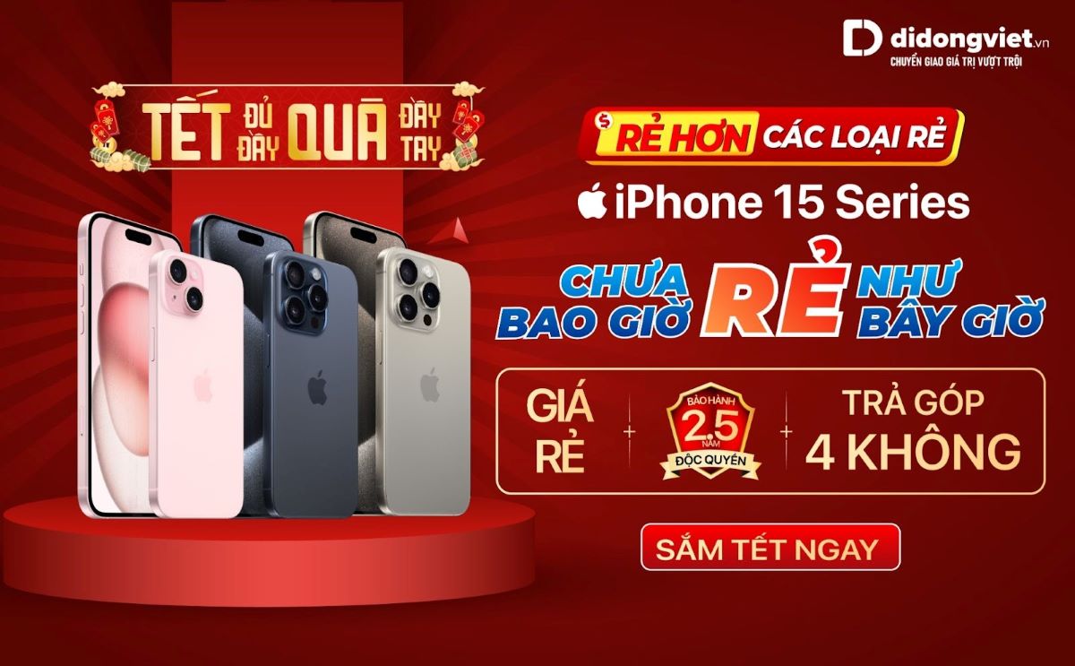 So với thời điểm tháng 11.2023 đến nay, tất cả model của iPhone 15 series đều được điều chỉnh giảm từ vài trăm nghìn tới vài triệu đồng tại Di Động Việt. Ảnh: Di Động Việt