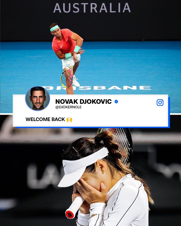 Lời chào mừng của Novak Djokovic với Nadal và Emma Raducanu. Ảnh: Eurosport