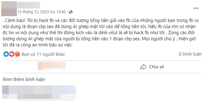 Nạn nhân cảnh báo người thân bạn bè trên mạng xã hội. Ảnh: Chụp màn hình