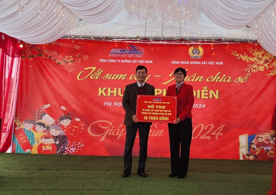 Lãnh đạo Tổng Công ty Đường sắt Việt Nam trao quà “Tết Sum vầy – Xuân chia sẻ” cho người lao động. Ảnh: Minh Hạnh 