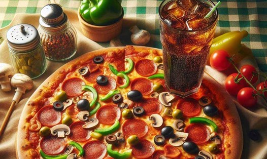 Nhiều người ưa thích hoặc có thói quen ăn pizza kèm một ly nước ngọt mát lạnh, tuy nhiên việc kết hợp này lại không tốt cho sức khỏe. Ảnh: AI - Ngọc Thùy