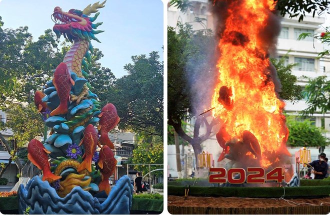 Hình ảnh trước và sau khi tượng cá chép hóa rồng bốc cháy. Ảnh: Quốc Bảo