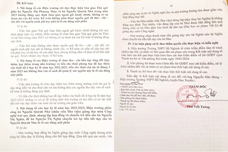 Một số nội dung tố cáo vi phạm ở Trường THPT Hồ Nghinh đúng một phần, theo kết luận thanh tra Sở. Ảnh chụp văn bản.