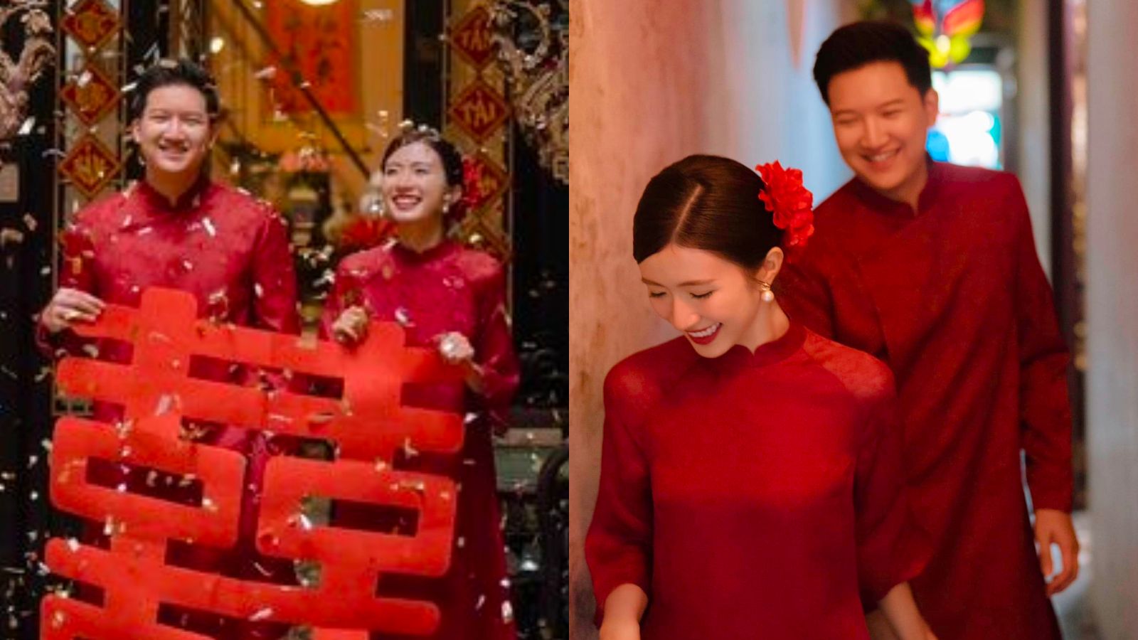 Ngọc Huyền mặc áo dài đỏ chụp ảnh cưới. Ảnh: Facebook nhân vật