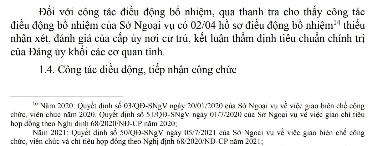 Một đoạn trong kết luận thanh tra về về công tác nội vụ tại Sở Ngoại vụ tỉnh Lạng Sơn. Ảnh: Chụp tài liệu