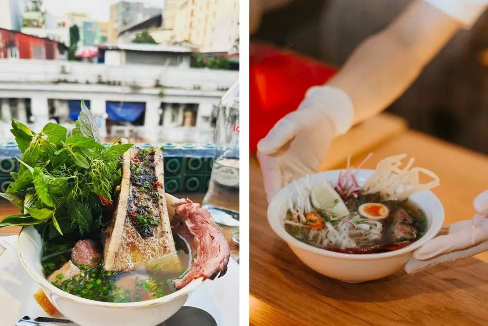 Pot au Pho by Anan Saigon. Nhà hàng được dẫn dắt bởi Perter Cường Franklin, đầu bếp kiêm người sáng lập Anan Saigon, được đánh giá là nơi sẽ nâng phở, món ăn dân tộc của Việt Nam, lên một tầm cao mới. Nơi đây được thiết kế nhỏ nhắn với 14 chỗ ngồi tại quầy, 1 quầy bar trưng bày rộng rãi các loại rượu thủ công Việt Nam và một căn bếp biểu diễn. Tại đây, thực khách có thể được phục vụ những món ăn nóng hổi, tinh tế như phở gà đen, phở trứng cá muối, phở phân tử... hoặc thực đơn theo set gồm 10 món để có trải nghiệm trọn vẹn. Mức giá khoảng 100 USD/người cho gọi món hoặc set menu 75 USD/người. Ảnh: Pot au Pho