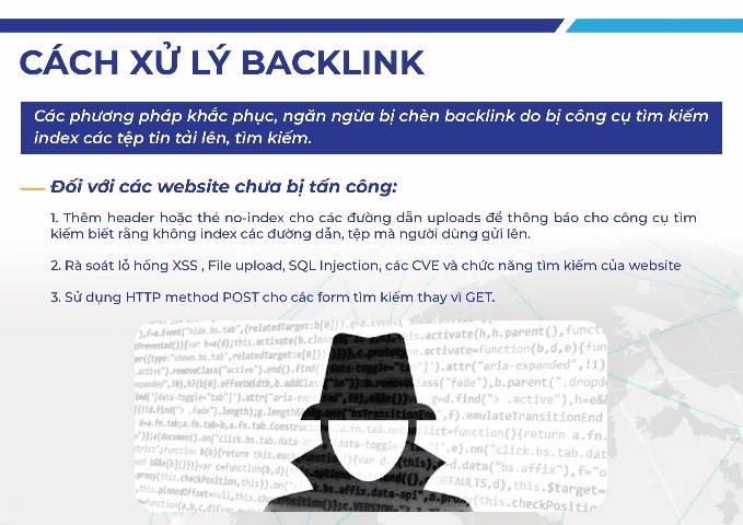 Cách xử lý backlink đối với các website  bị tấn công do bị công cụ tìm kiếm index các tệp tin tải lên, tìm kiếm. Ảnh: Công an TP Hà Nội