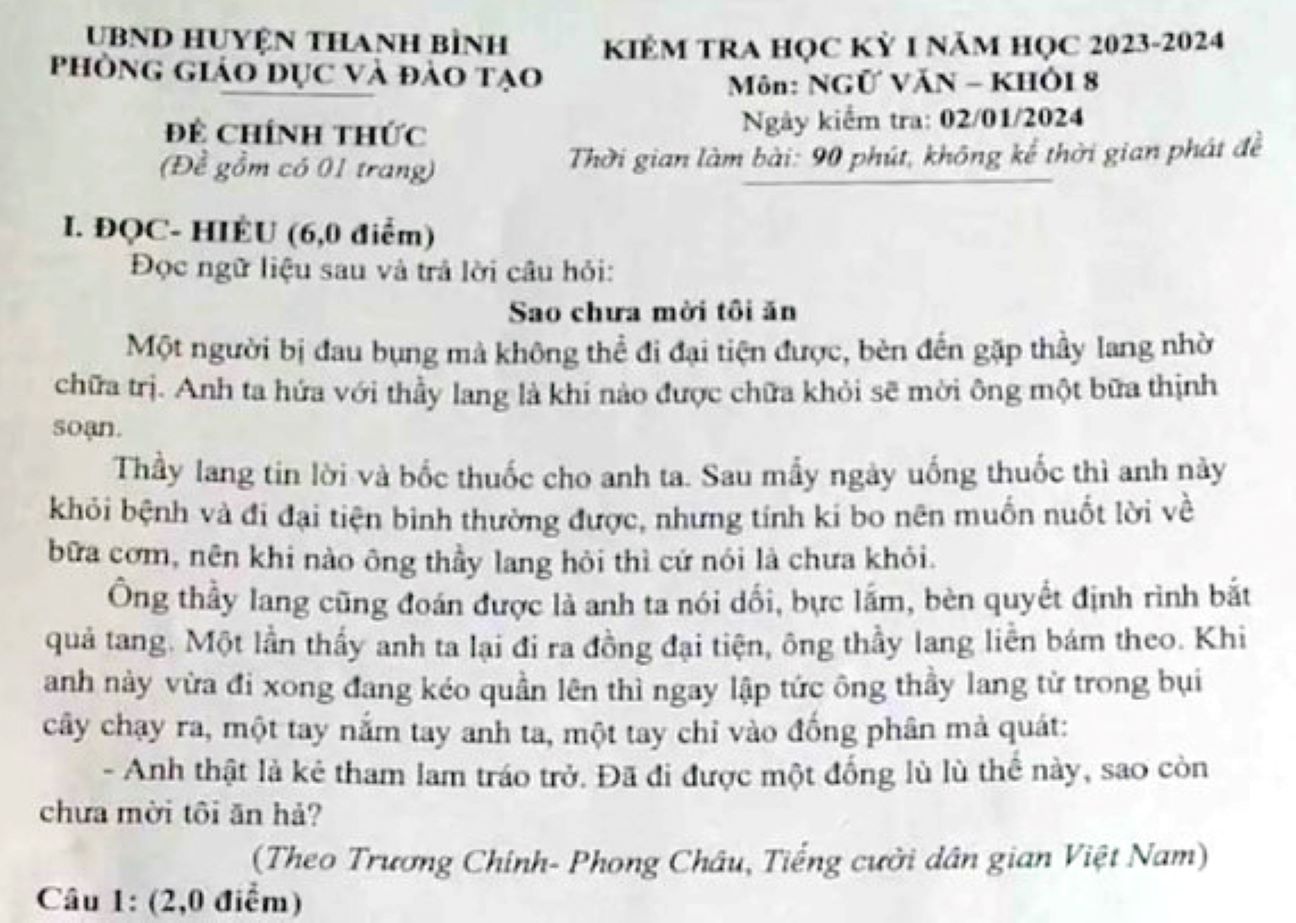 Cận cảnh đề thi môn Ngữ văn lớp 8 ở huyện Thanh Bình. Ảnh: Báo Đồng Tháp