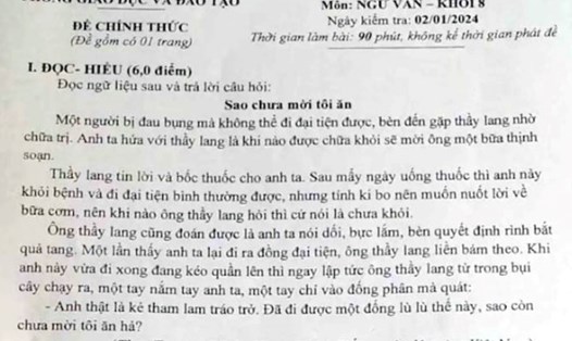 Một phần đề thi môn Ngữ văn lớp 8 ở huyện Thanh Bình. Ảnh: Báo Đồng Tháp