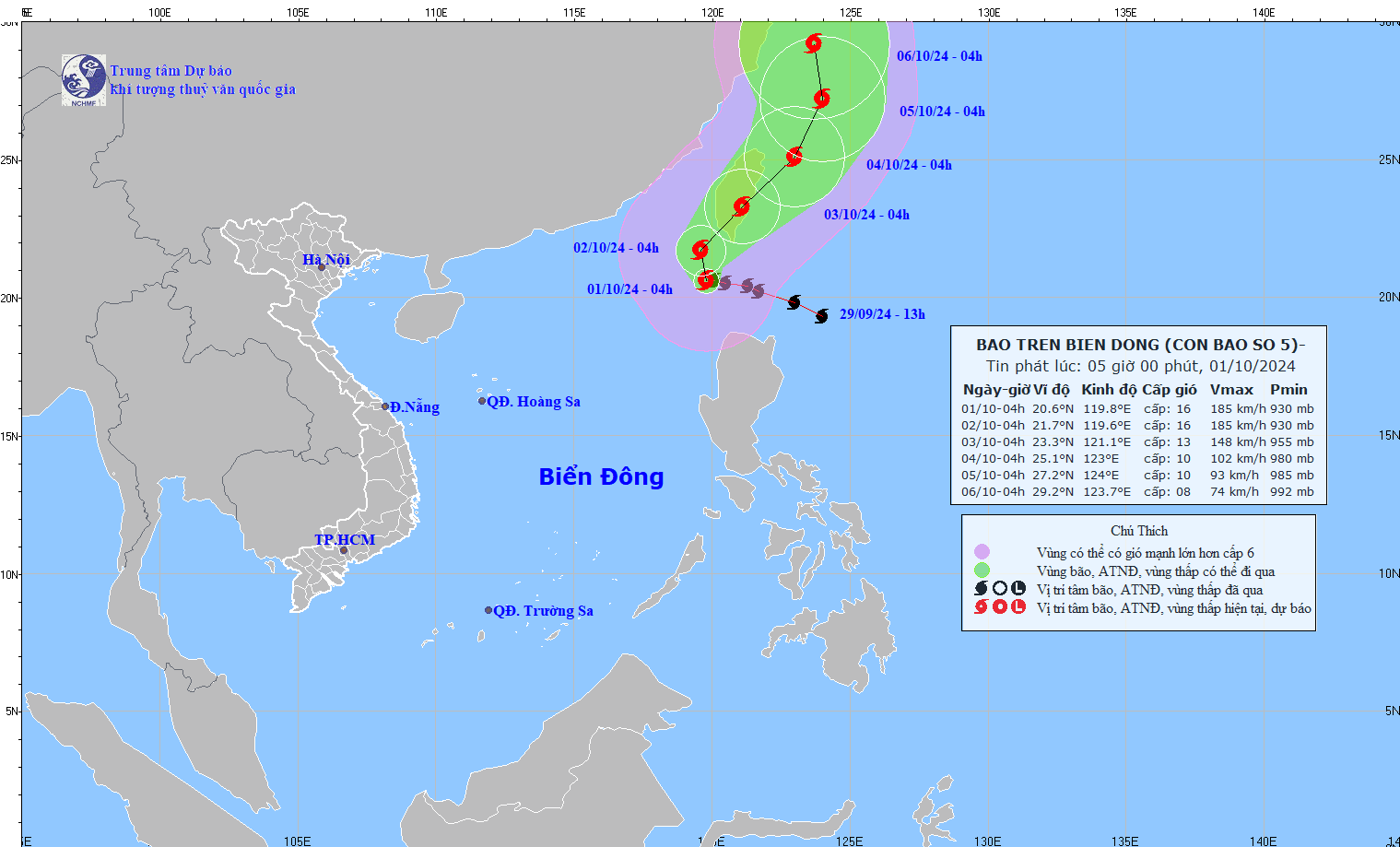 Cap nhat vi tri va duong di cua bao so 5 hoi 4 gio ngay 1.10. Anh: Trung tam Du bao Khi tuong Thuy van Quoc gia