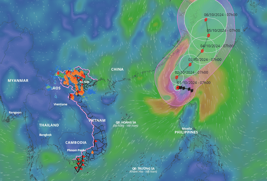 Vị trí và đường đi của bão số 5 cập nhật hồi 8 giờ ngày 1.10. Nguồn: Hệ thống giám sát thiên tai Việt Nam