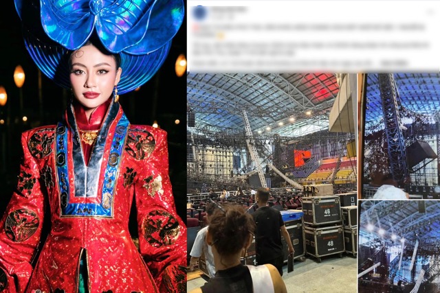 Miss Cosmo khắc phục sự cố sau khi bị sập sân khấu. Ảnh: BTC