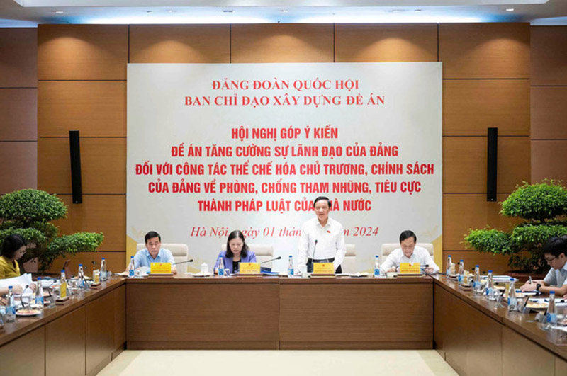 Hội nghị góp ý kiến đối với Đề án “Tăng cường sự lãnh đạo của Đảng đối với công tác thể chế hóa chủ trương, chính sách của Đảng về phòng, chống tham nhũng, tiêu cực thành pháp luật của Nhà nước”. Ảnh: Quochoi.vn