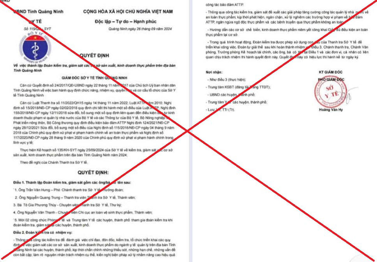 Văn bản giả mạo con dấu Sở Y tế Quảng Ninh có chữ ký và tên người ký đều không đúng. Ảnh: Đoàn Hưng