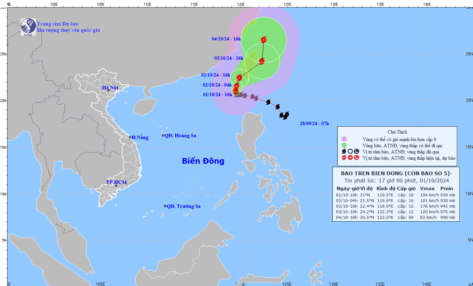 Cap nhat vi tri va duong di cua bao so 5 hoi 17h ngay 1.10. Anh: Trung tam Du bao Khi tuong Thuy van Quoc gia