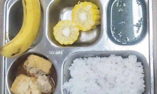 Suất ăn trưa của học sinh lớp 3 Trường Phổ thông liên cấp Albert Einstein ở Hà Tĩnh mà một phụ huynh đăng tải lên mạng xã hội than phiền "thiếu chất". Ảnh: Facebook.