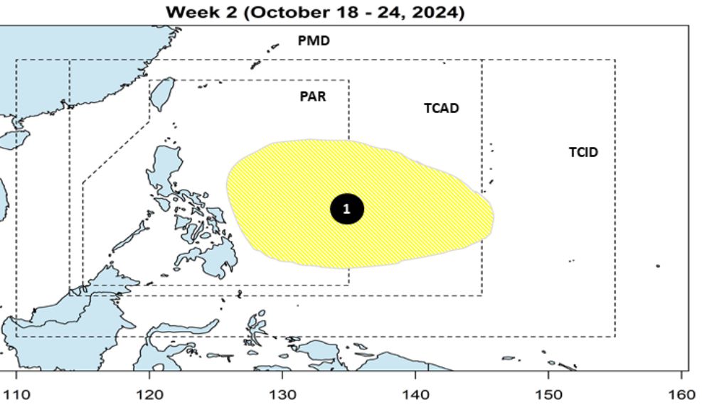 Du bao ap thap co kha nang xuat hien o phia dong PAR trong tuan tu 18-24.10.2024. Anh: PAGASA