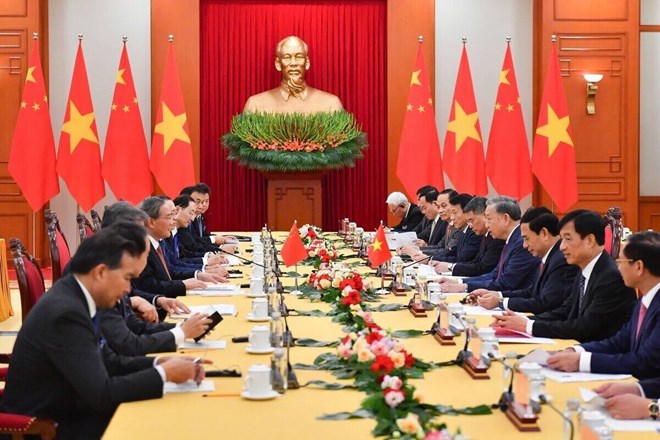 Scene of the meeting between General Secretary and President To Lam and Chinese Prime Minister Li Qiang. Photo: Hai Nguyen