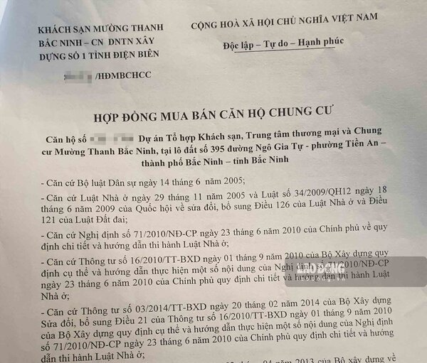 Hinh anh hop dong mua ban can ho tai du an ghi ro la Du an to hop khach san, trung tam thuong mai va chung cu Muong Thanh Bac Ninh. Anh: Tran Tuan 