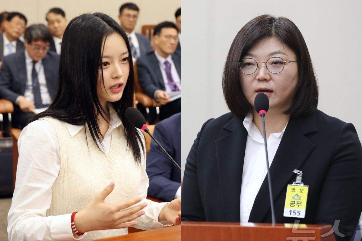 Hanni NewJeans and ADOR CEO Kim Joo Young at the Korean National Assembly hearing. Photo: Naver