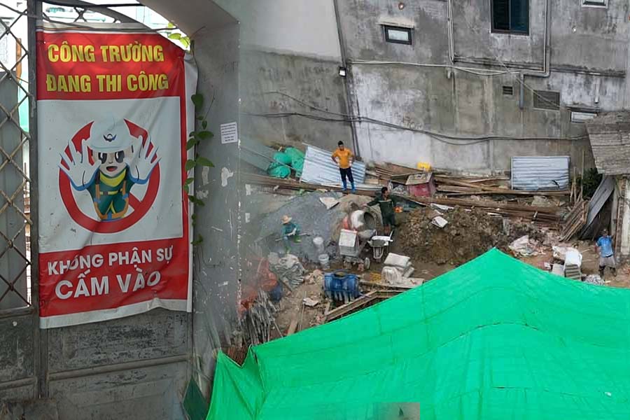 Công nhân ở công trình gây sụt lún để hút nước phòng dịch